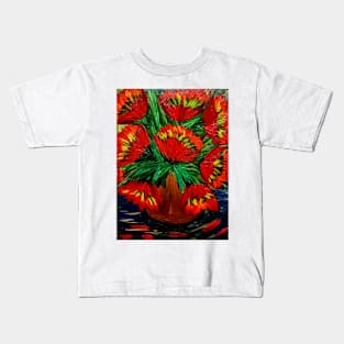 Some beautiful abstract poppies in A vintage brass vase Kids T-Shirt